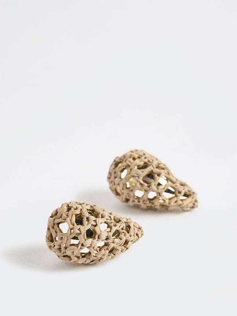 Westside Accessories Beige Teardrop Raffia Earrings