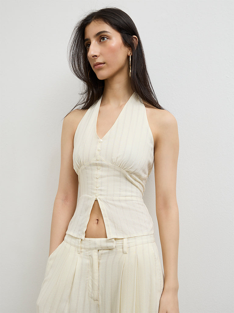 【yo BIOTOP】halter neck linen top Buy Nuon Light Yellow Striped Halter-Neck Linen Top from Westside