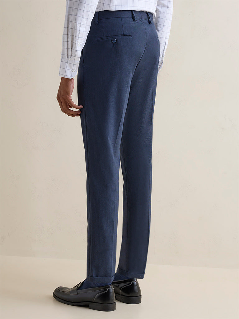 WES Formals Navy Slim-Fit Mid-Rise Trousers