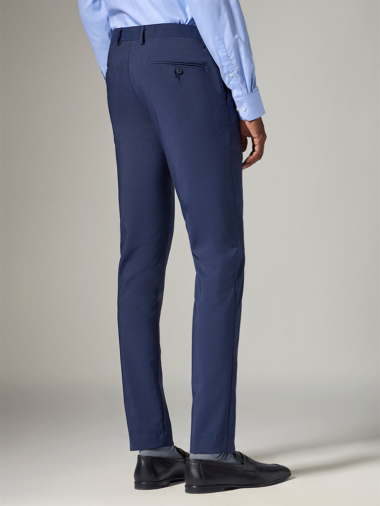 WES Formals Navy Slim-Fit Mid-Rise Trousers
