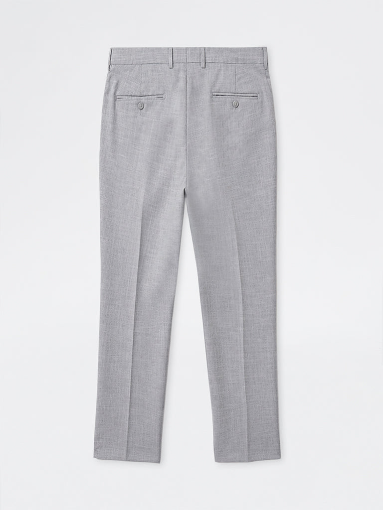 WES Formals Grey Melange Relaxed-Fit Mid-Rise Trousers