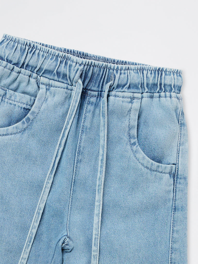 HOP Kids Girls Blue Embroidered High-Rise Relaxed-Fit Jeans