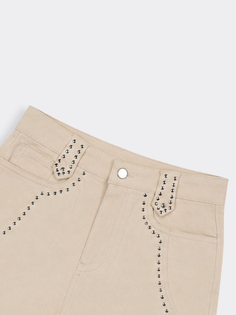 Nuon Beige Stud-Detailed High-Rise Denim Shorts
