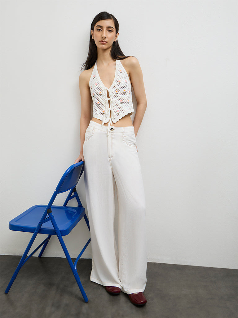 Buy Nuon Off-White Floral Embroidered Crochet Top from Westside
