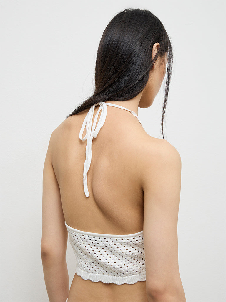 Nuon Off-White Floral Embroidered Crochet Top