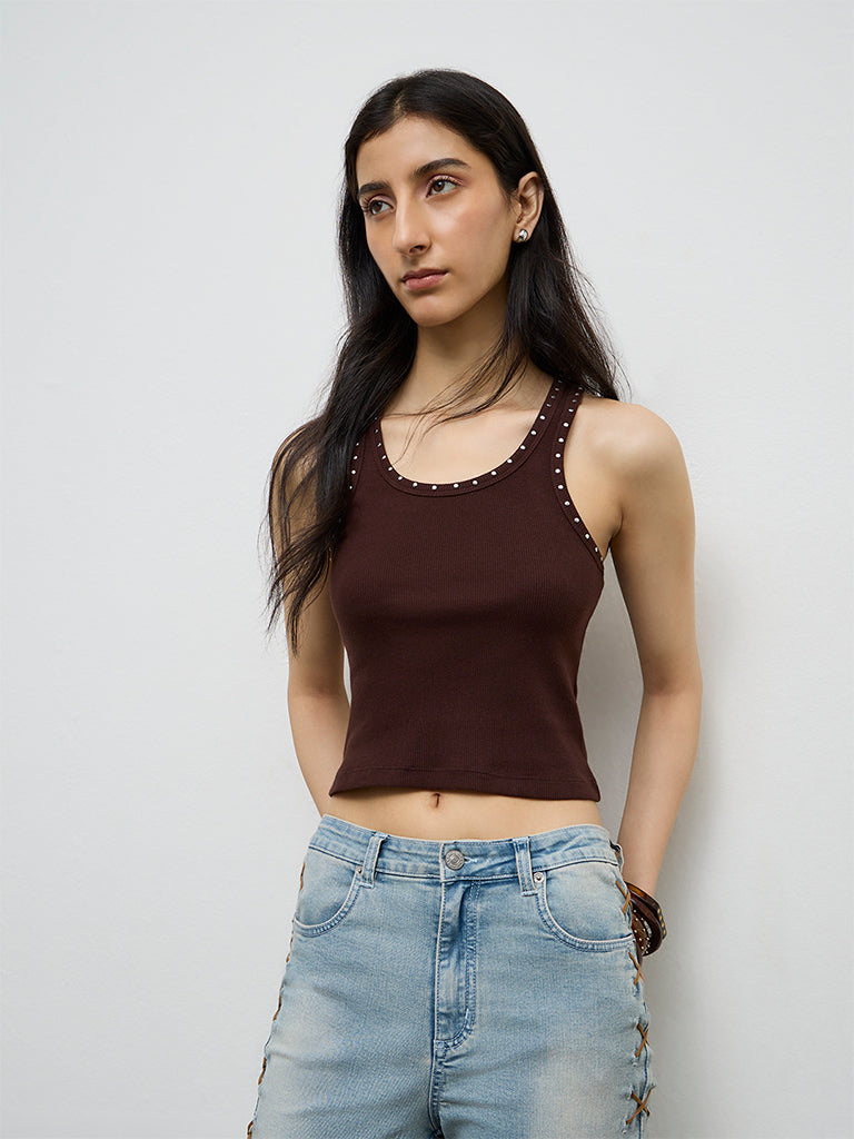 Buy Nuon Dark Brown Stud-Detailed Cotton-Blend Tank Top from Westside