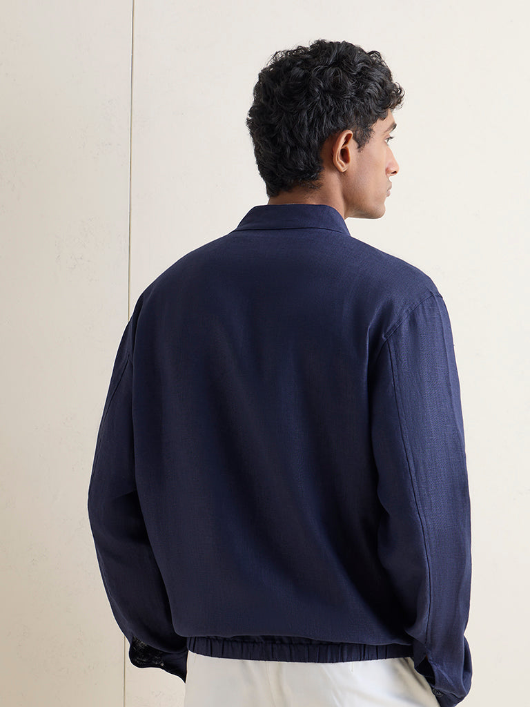 Ascot Navy Solid Relaxed-Fit Linen Jacket