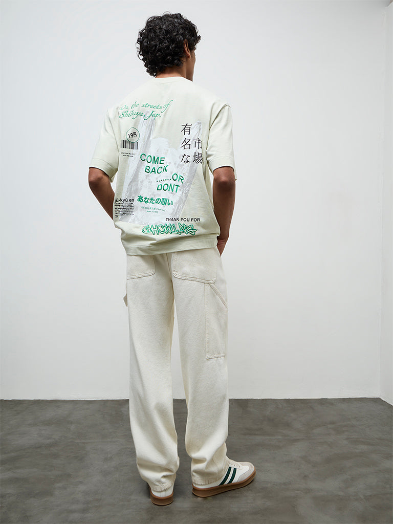 Nuon Light Green Graphic Printed Relaxed-Fit Cotton T-Shirt