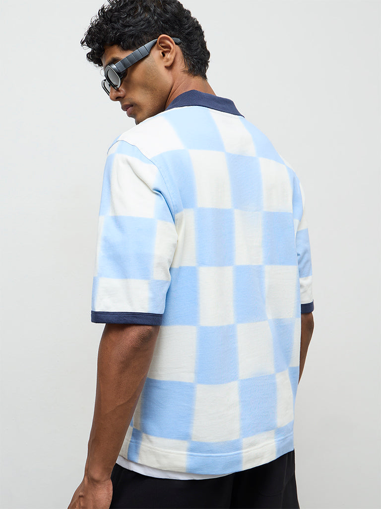 Nuon Blue Checkered Relaxed-Fit Cotton T-Shirt