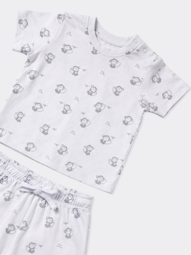 HOP Baby Boys White Printed Sepia Cotton T-Shirt and Shorts Set