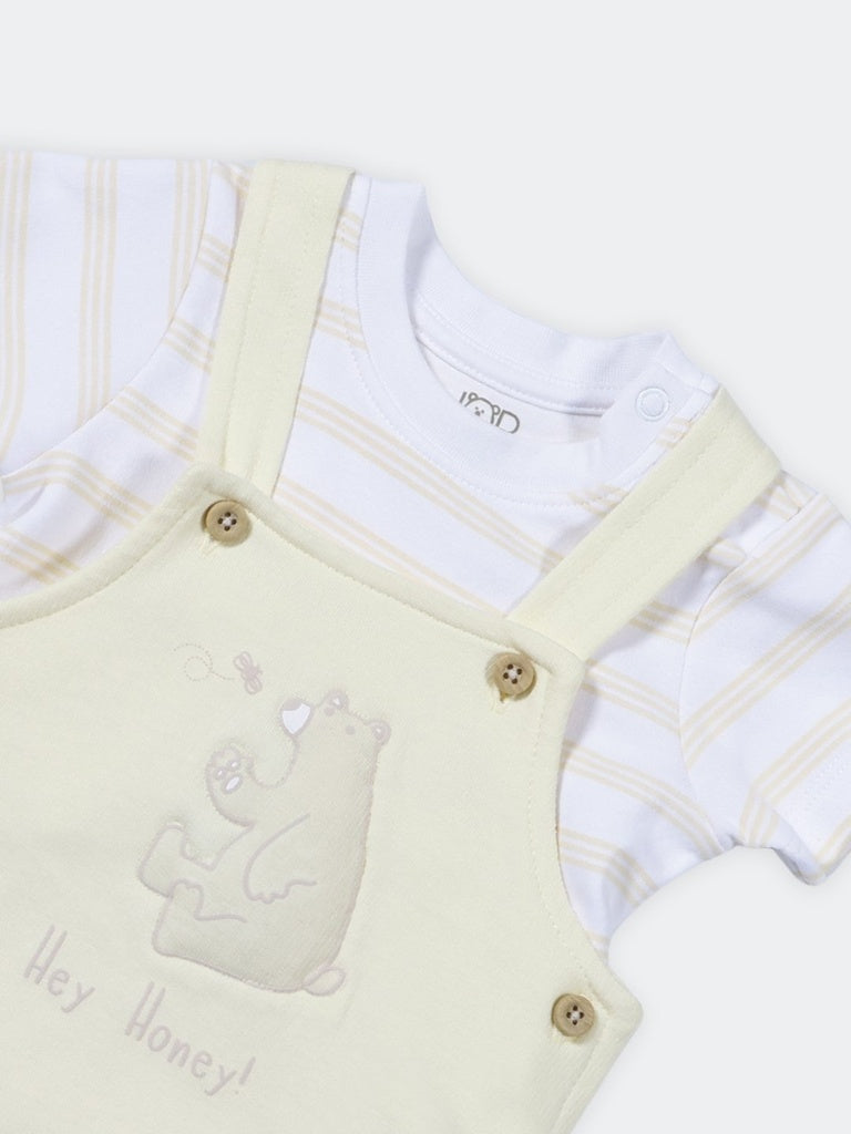 HOP Baby Boys Yellow Bear Graphic Cotton T-Shirt With Dungaree