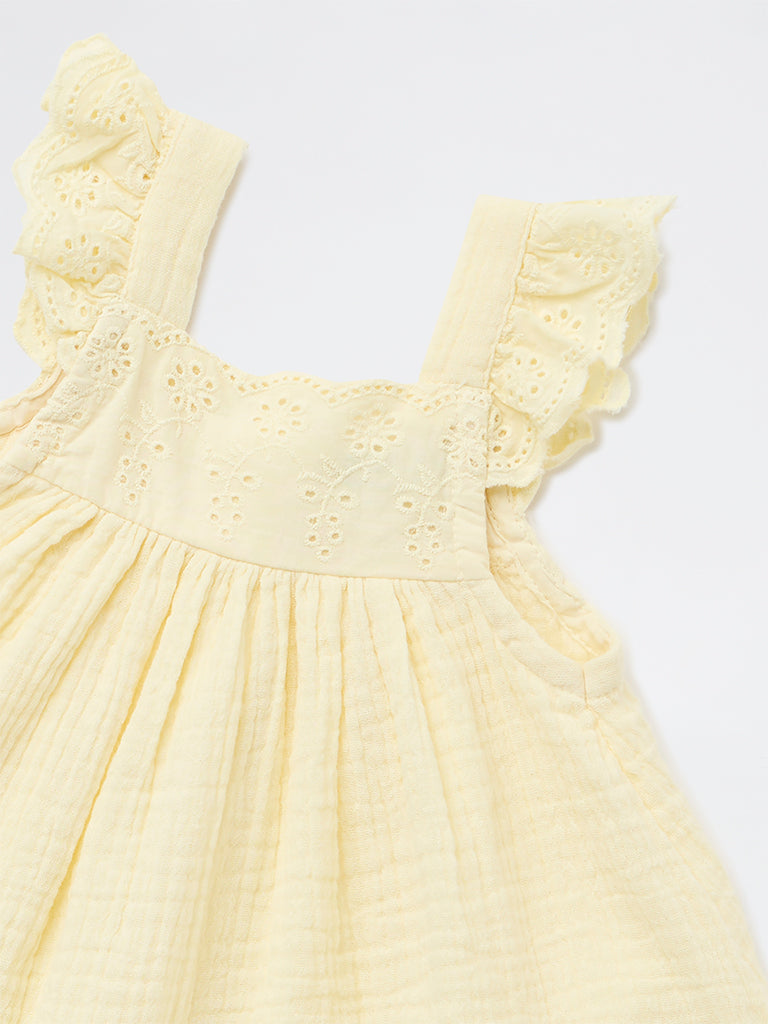 HOP Baby Girls Yellow Crinkle-Textured A-Line Cotton Dress