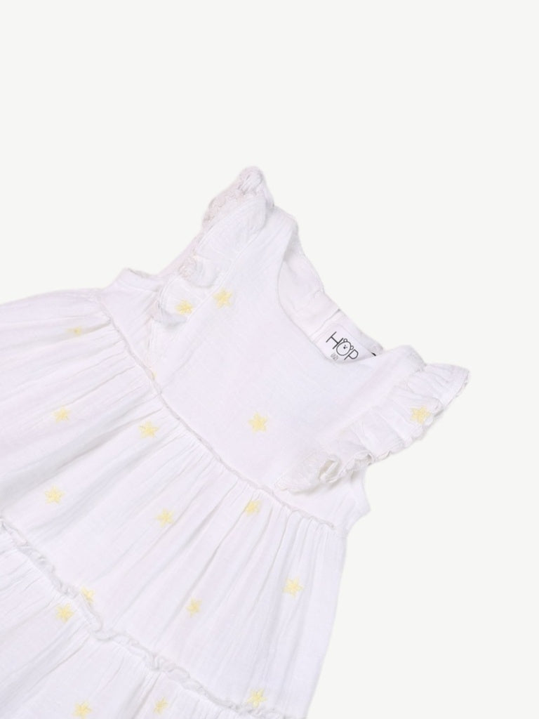 HOP Baby Girls White Printed Cotton A-line Dress