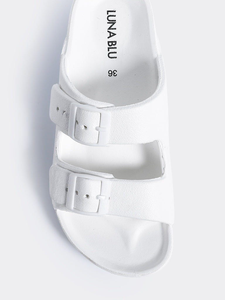 LUNA BLU White Double Buckle Casual Slides