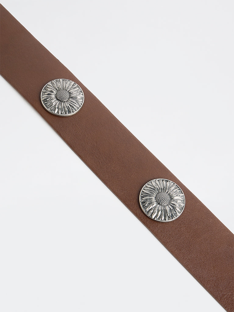 Westside Accessories Brown Floral Studded Wide Belt