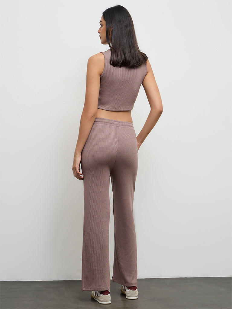 Nuoflexx Dusty Mauve Ribbed-Textured High-Rise Pants