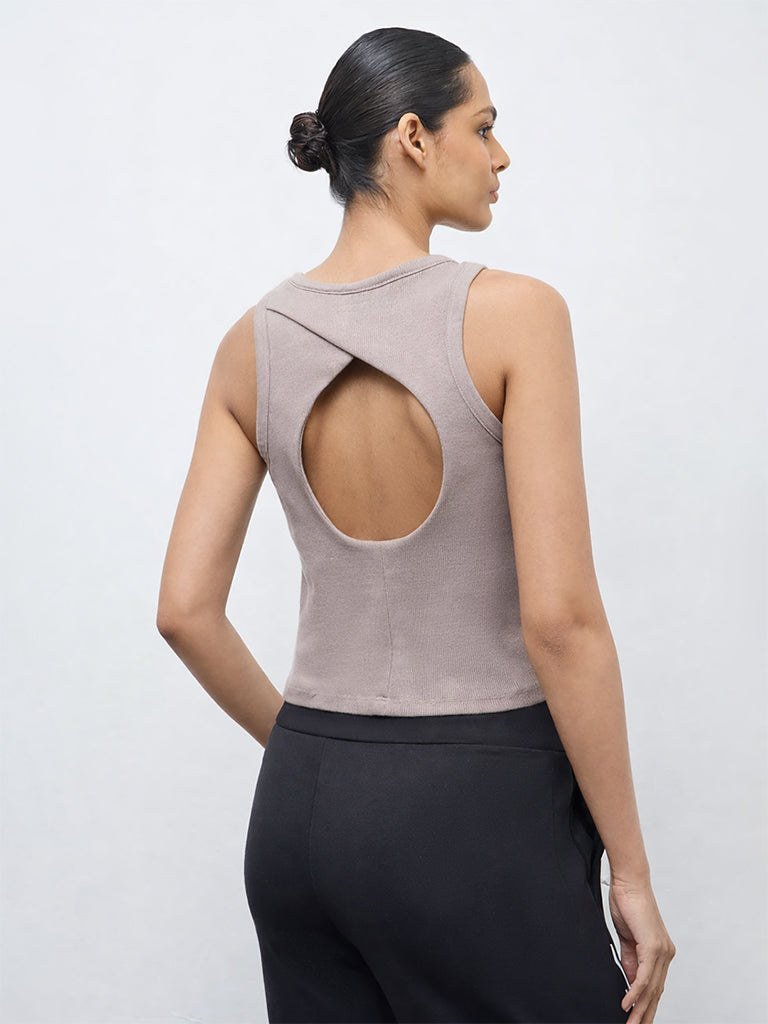 Nuoflexx Taupe Ribbed Cotton-Blend Top
