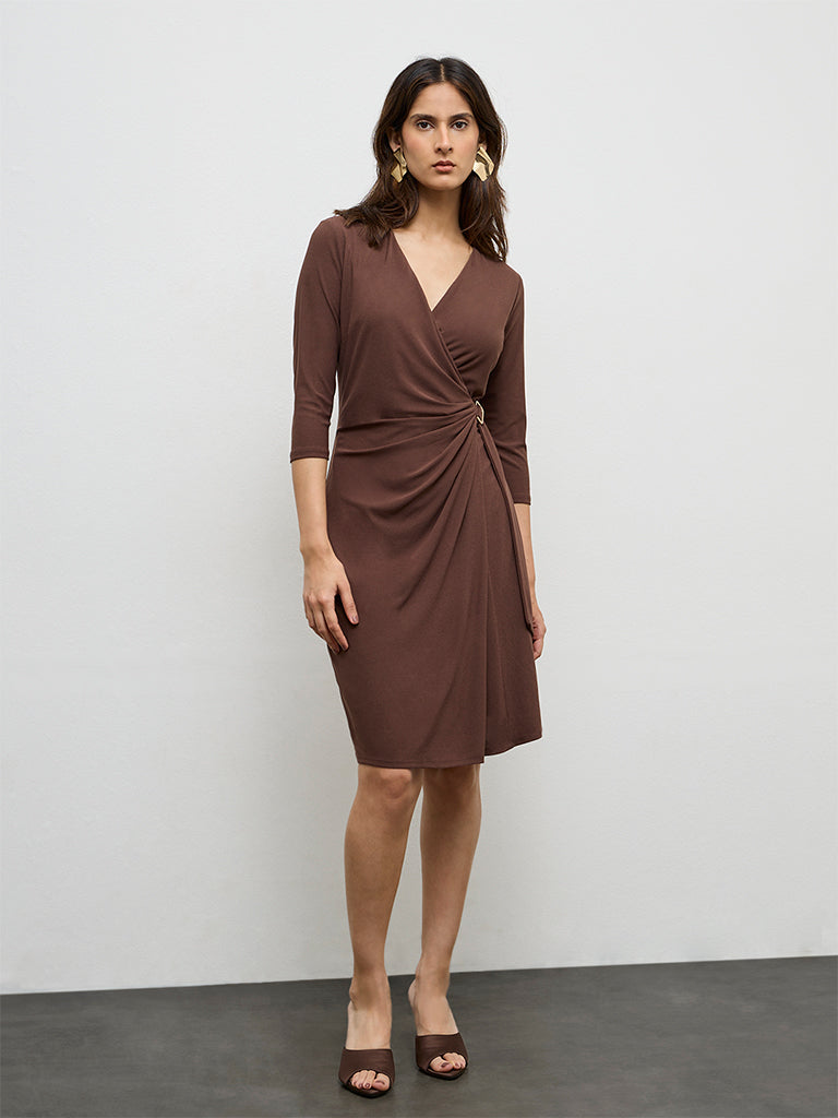 Buy Wardrobe Dark Brown Wrap-Style Dress from Westside Buy Wardrobe Dark Brown Wrap-Style Dress from Westside