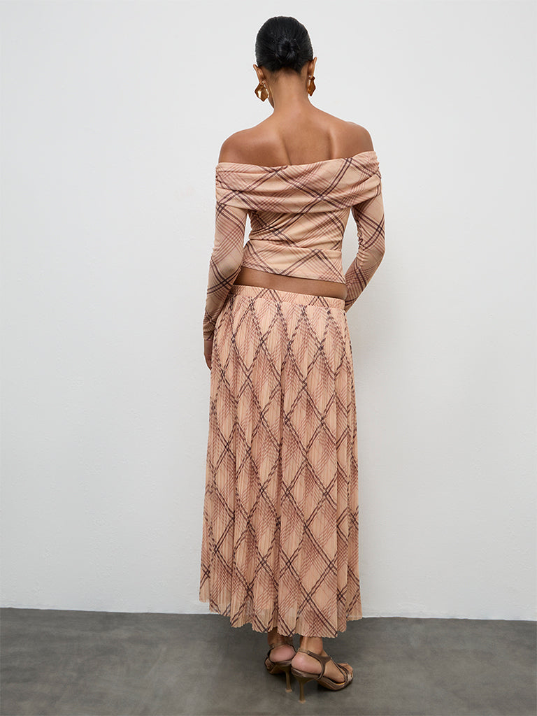 Wardrobe Beige Checkered Accordion Pleated High-Rise Skirt
