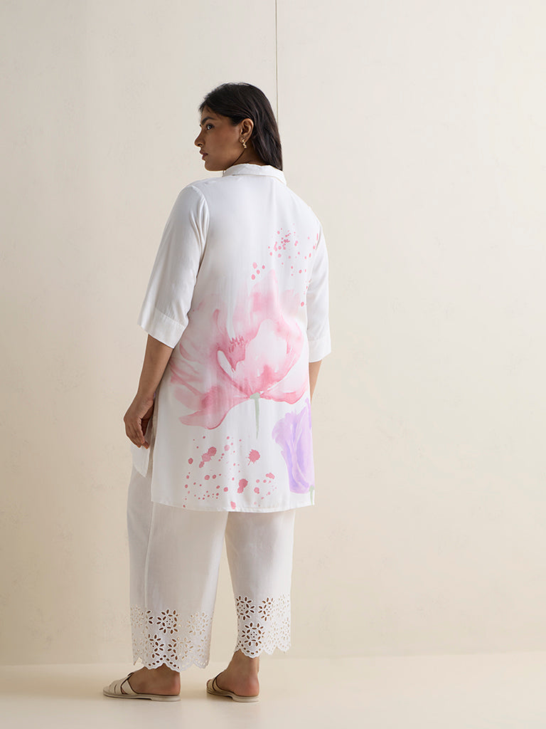 Diza White Floral Printed High-Low Tunic