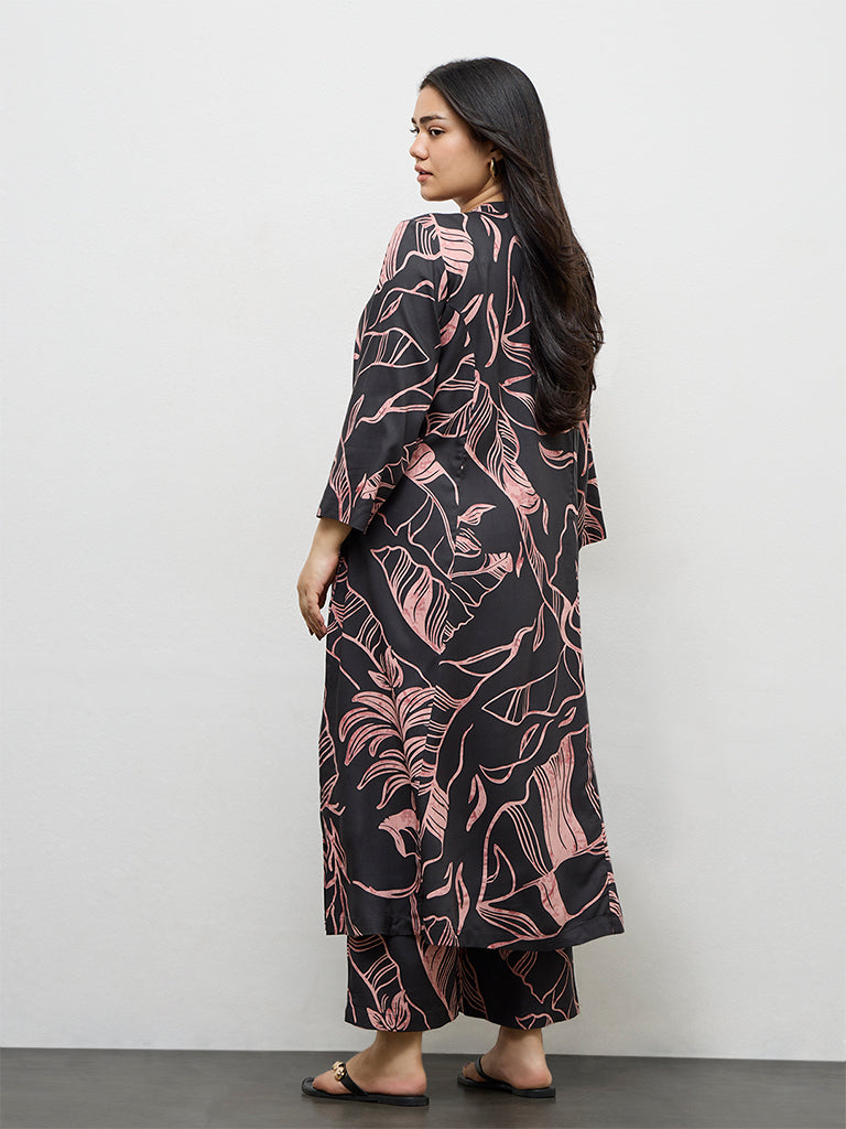 Diza Charcoal Leaf Pattern A-Line Kurta