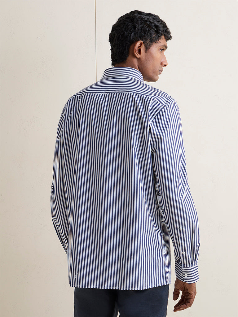 WES Formals Navy Striped Slim-Fit Cotton Shirt