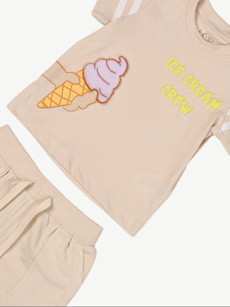 HOP Baby Boys Beige Printed Cotton T-Shirt and Shorts Set