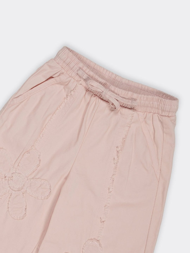 HOP Kids Girls Pink Embroidered Wide Leg Cotton Trousers