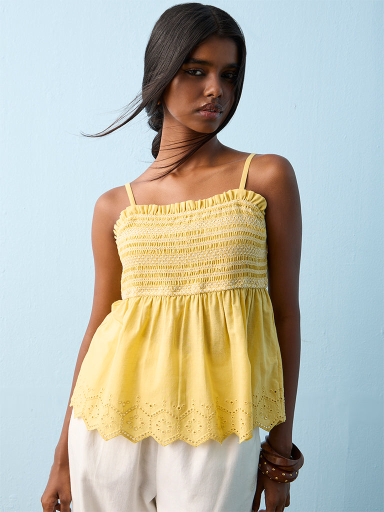 Buy Bombay Paisley Yellow Smocked Peplum Cotton Top from Westside