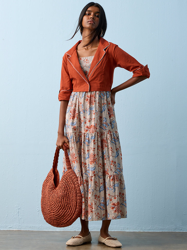 Buy Bombay Paisley Red Cotton Tiered Dress with Jacket from Westside