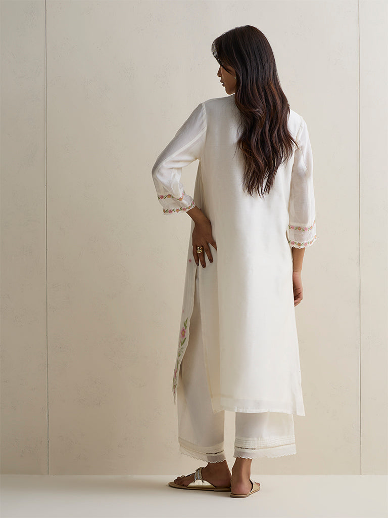 Zuba Ivory Floral Embroidered Silk Chanderi A-Line Kurta