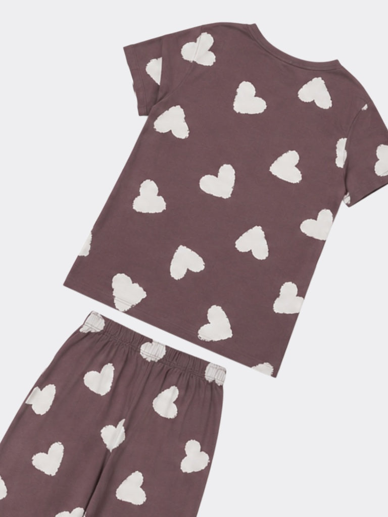 Wunderlove Brown Heart Printed Cotton T-Shirt with Pant Set