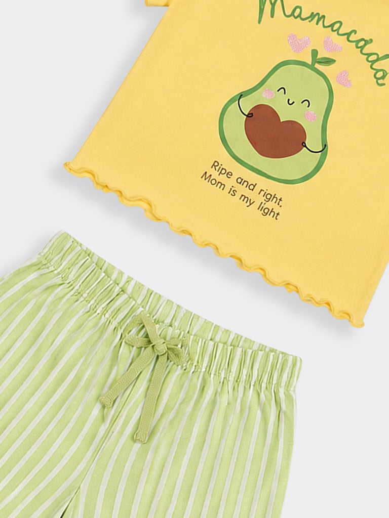 Wunderlove Yellow Printed Cotton T-Shirt and Shorts Set