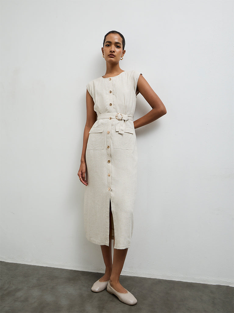 Buy Wardrobe Off-White Cotton A-Line Dress with Belt from Westside