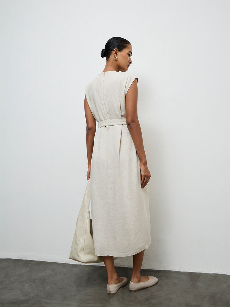 Wardrobe Off-White Cotton A-Line Dress with Belt