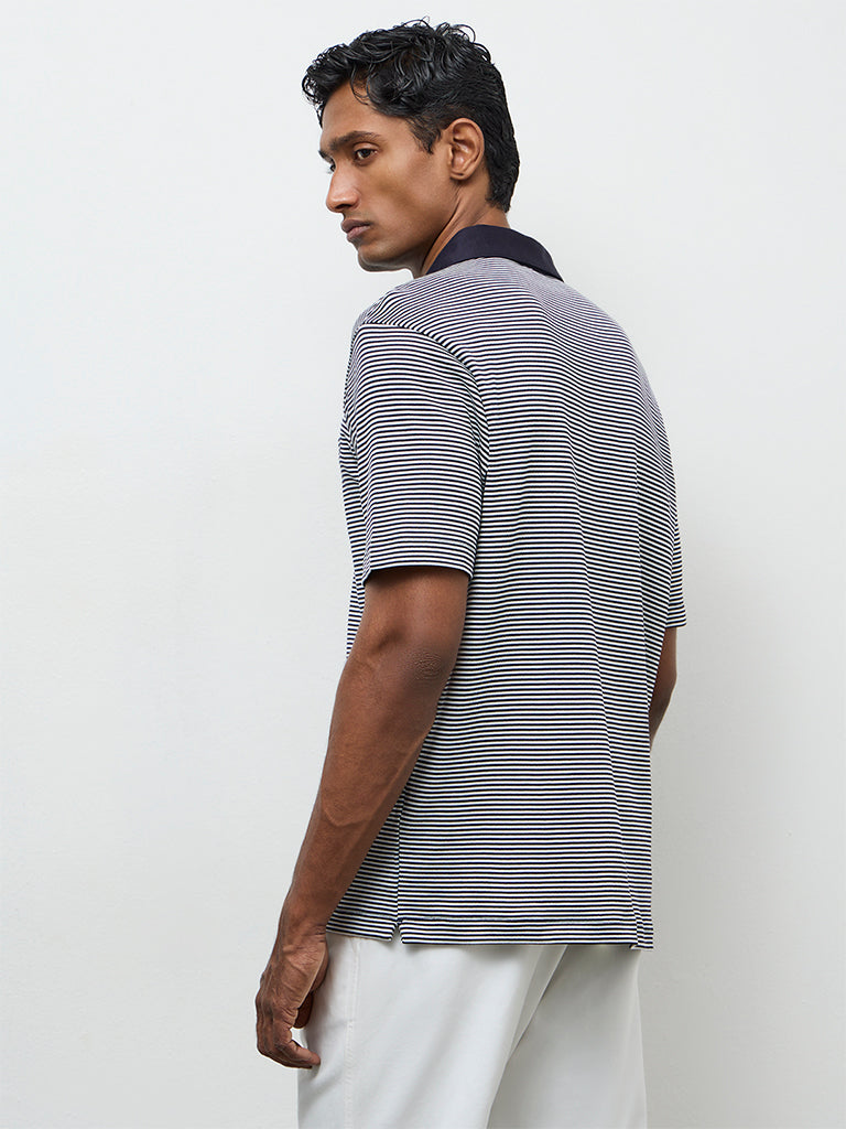 Ascot Navy Striped Relaxed-Fit Cotton Polo T-Shirt