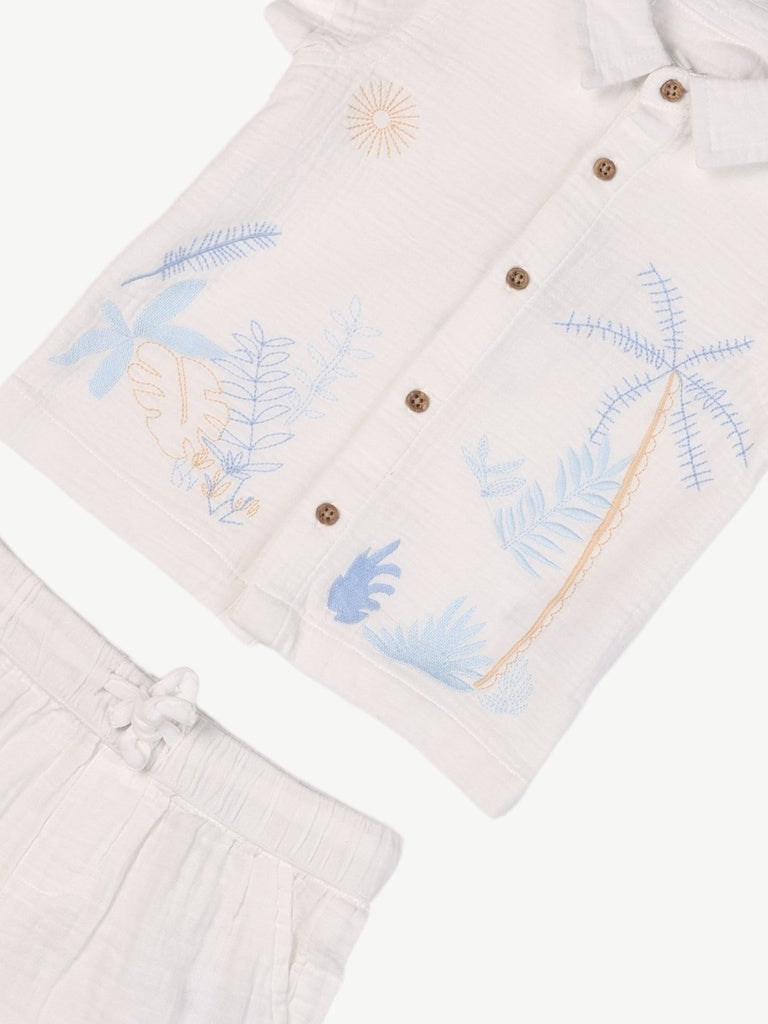 HOP Baby Boys White Embroidered Cotton Shirt and Shorts Set