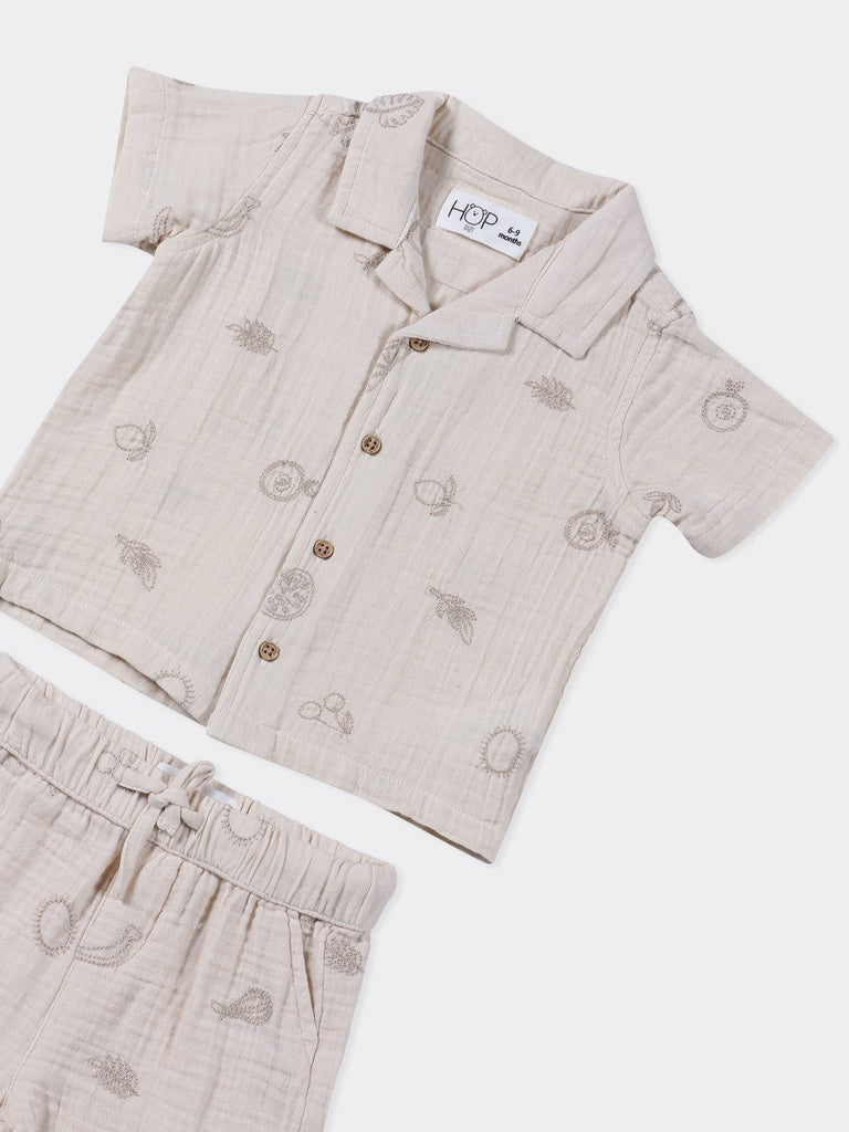 HOP Baby Boys Taupe Fruit Printed Cotton Shirt and Shorts Set