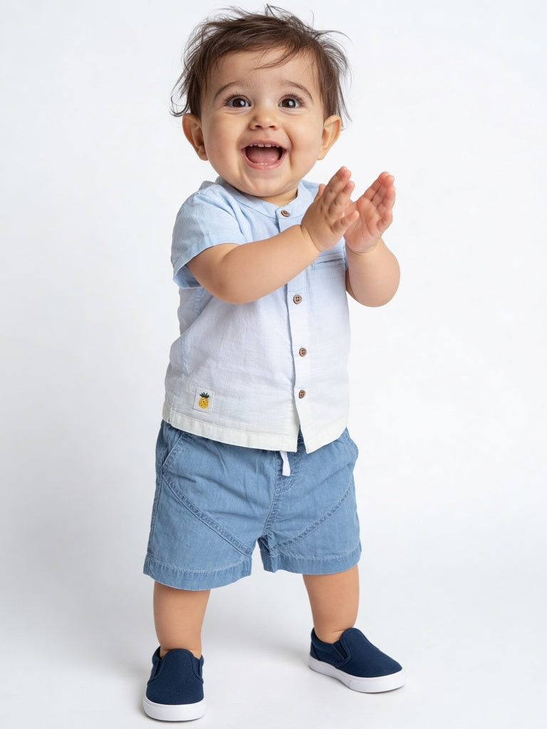 HOP Baby Boys Blue Ombre Cotton Shirt and Shorts Set