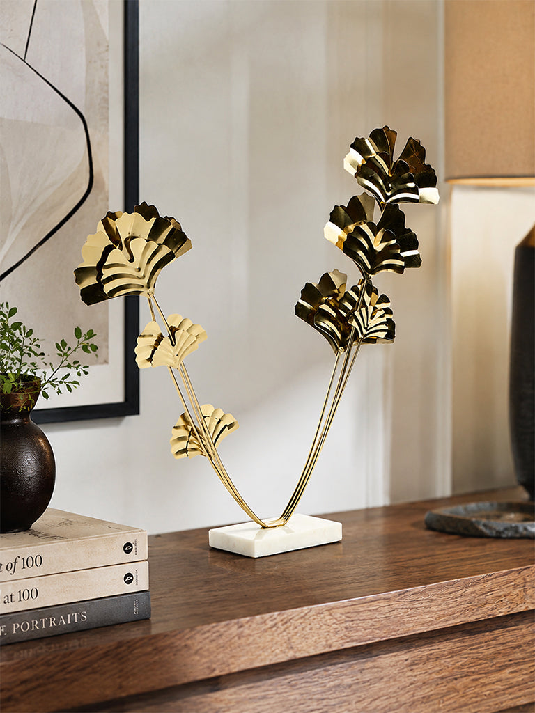 Westside Home Gold Metal Ginkgo Leaf Decorative Sculpture on Stand