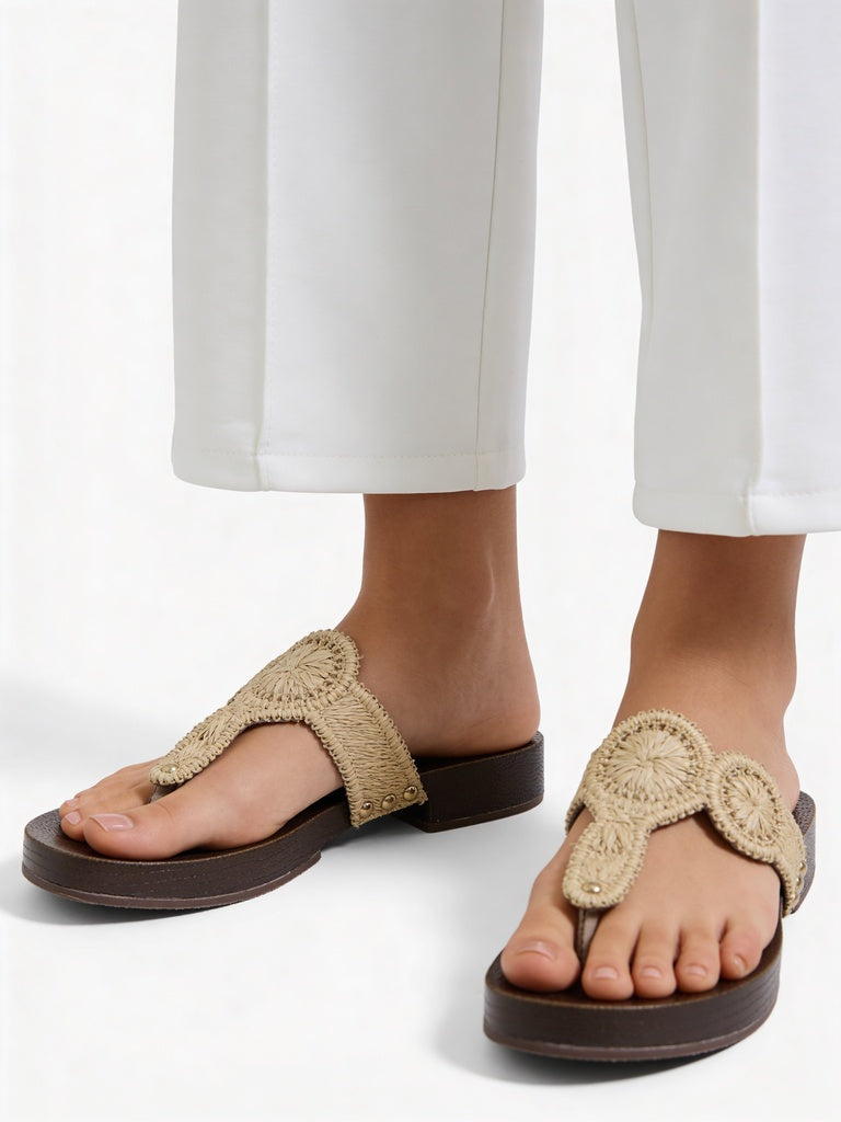 LUNA BLU Raffia Beige Textured Thong-Strap Sandals