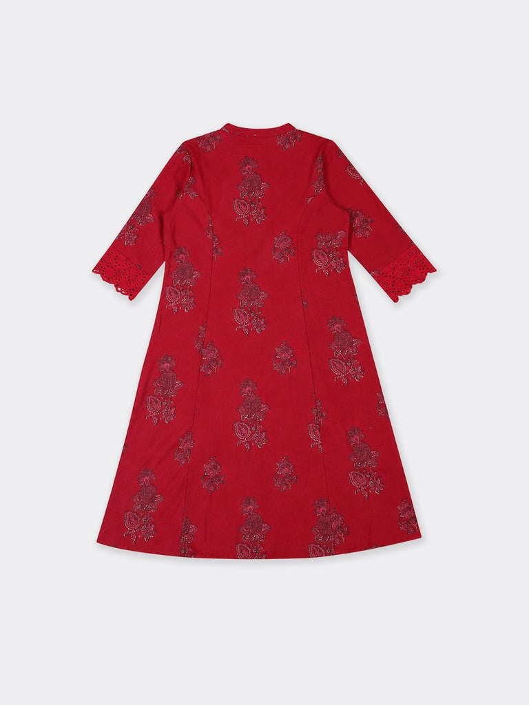Utsa Pink Floral Printed Cotton-Blend A-Line Kurta