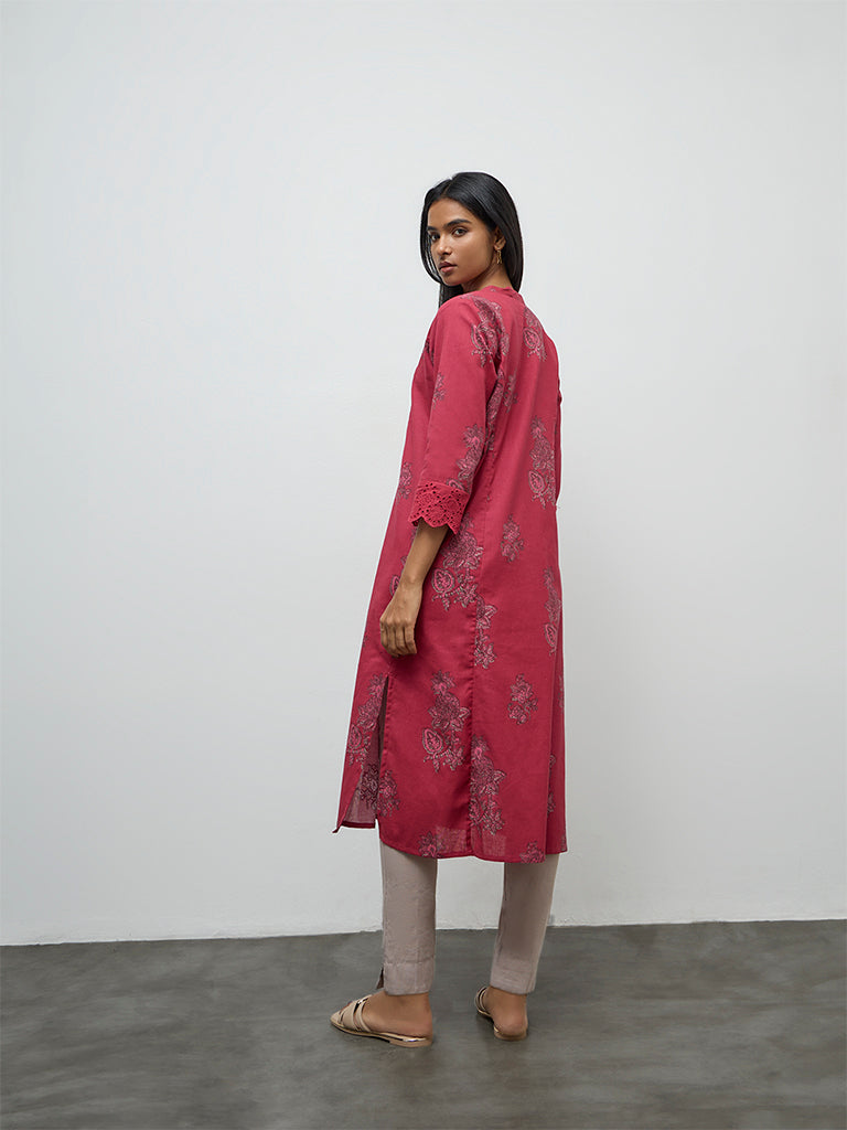 Utsa Pink Floral Printed Cotton-Blend A-Line Kurta