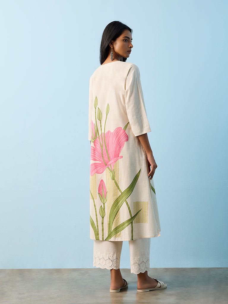 Utsa Light Beige Floral Design A-Line Cotton-Blend Kurta