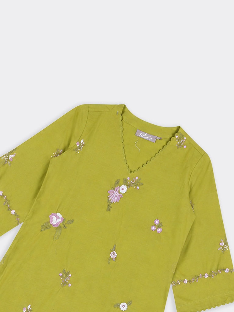 Utsa Lime Floral Embroidered Cotton-Blend A-Line Kurta