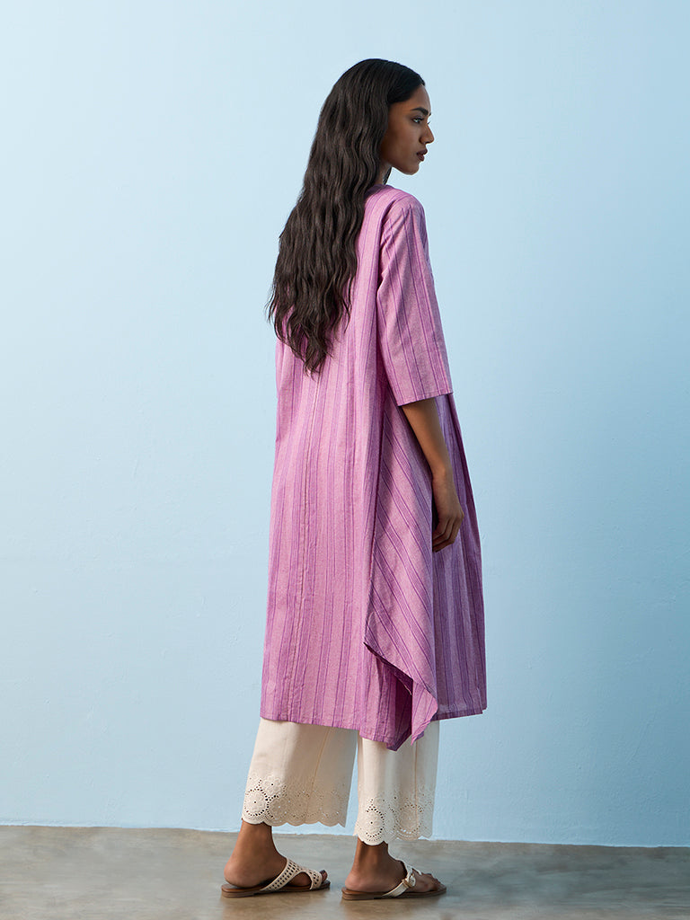 Utsa Lilac Floral Embroidered Cotton A-Line Kurta