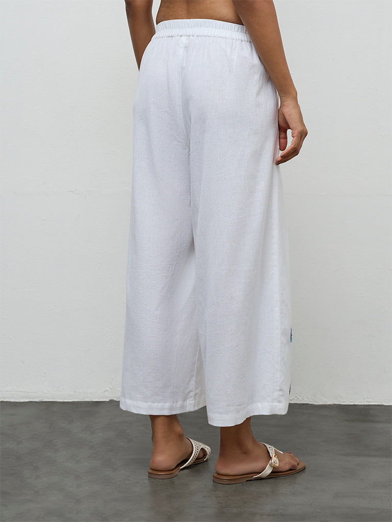 Utsa White Floral Embroidered Cotton-Blend Pants