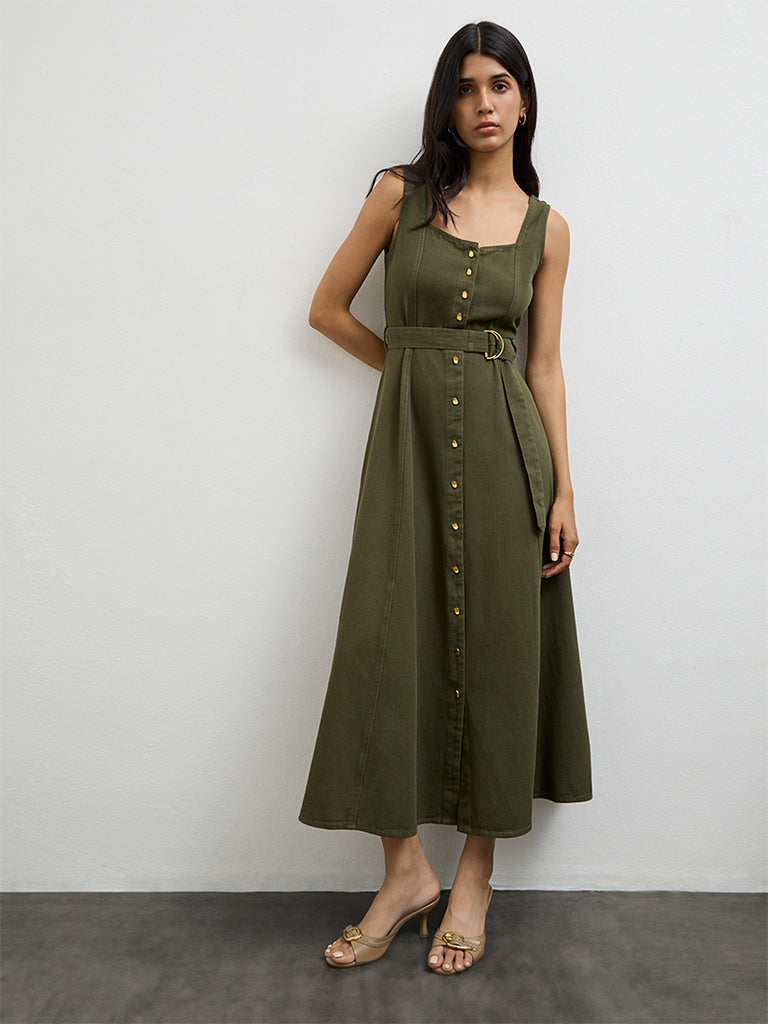 Buy LOV Olive Solid Denim A-Line Dress from Westside Buy LOV Olive Solid Denim A-Line Dress from Westside