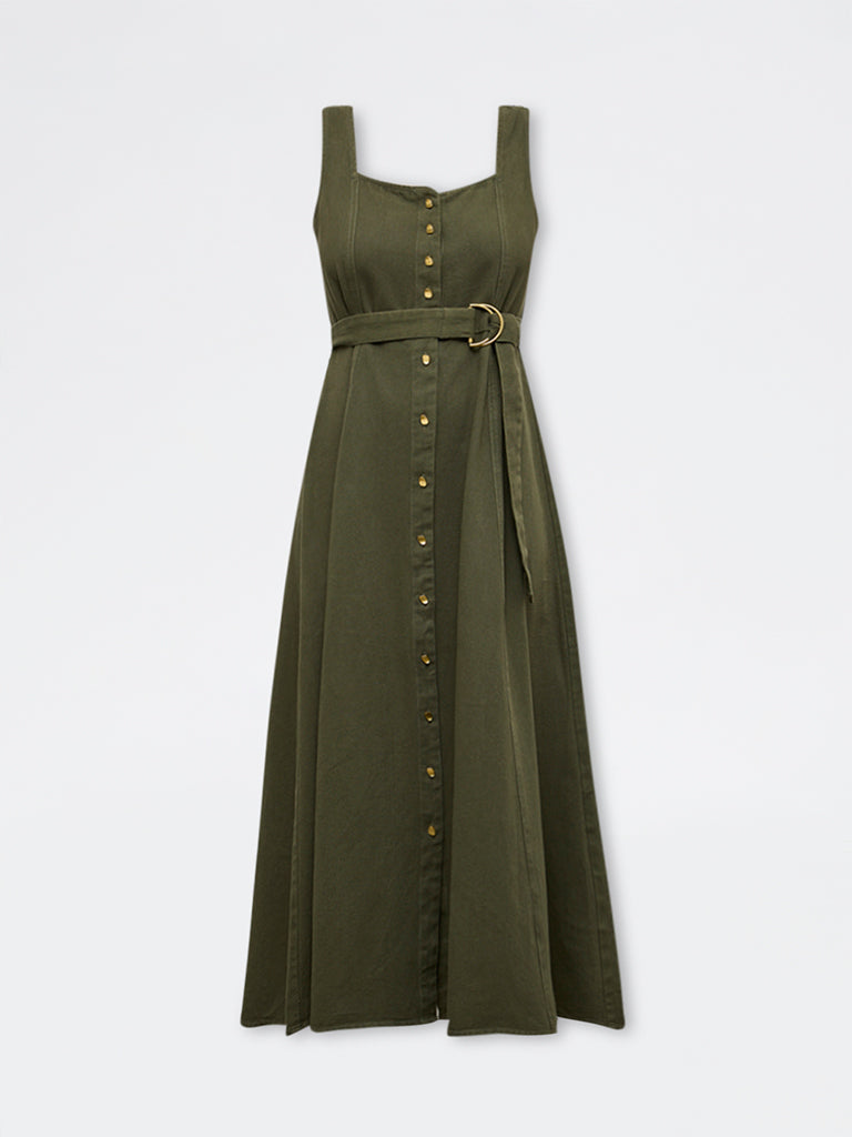 LOV Olive Solid Denim A-Line Dress