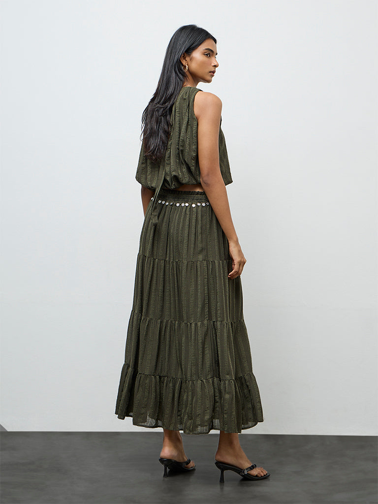 LOV Olive Embellished High-Rise Tiered Skirt